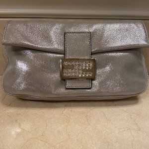 FENDI Silver Metallic Leather Baguette Embellished With Swarovski FF Clasp